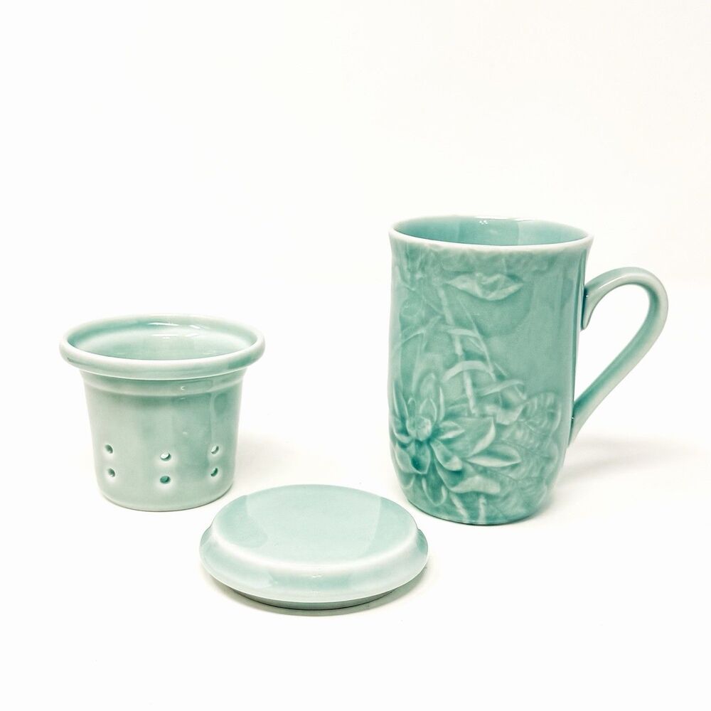 Celadon Tea Infuser Mug Signed Floral Relief Ceramic Cup Strainer Lid Asian